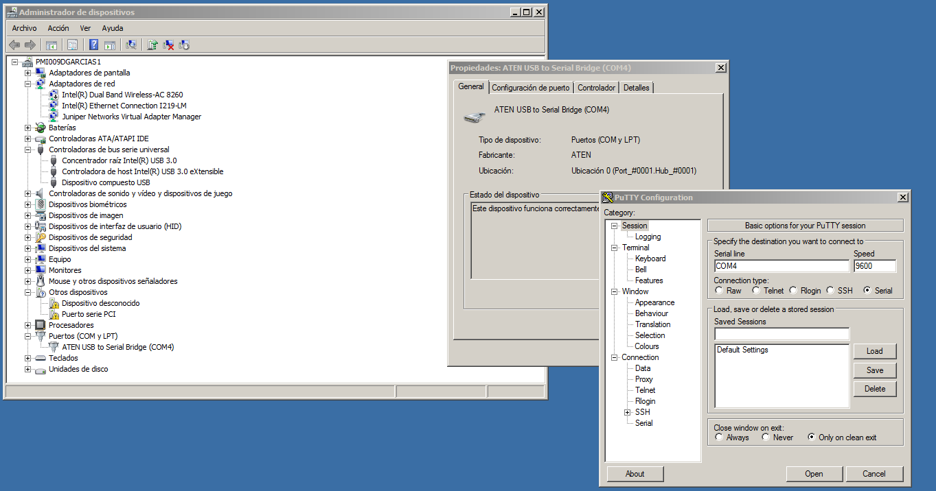 Ventana de administración de dispositivos de Windows y PuTTY